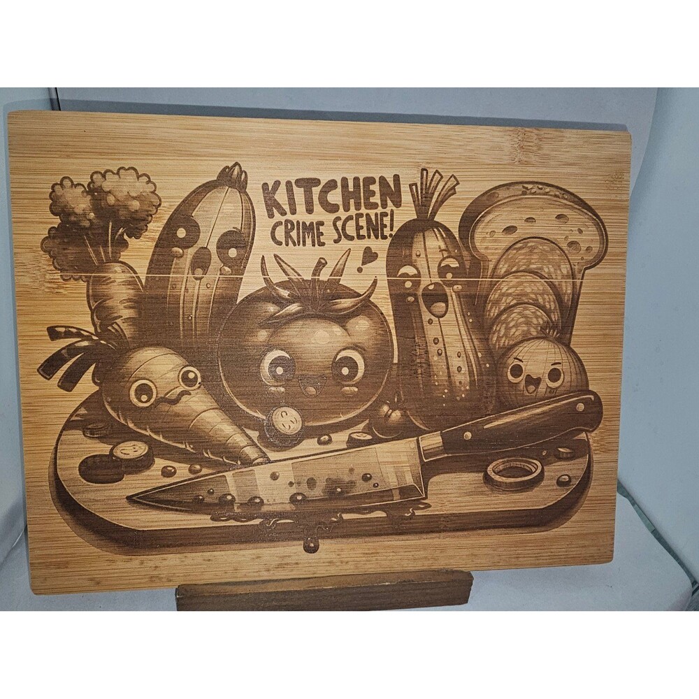 Funny cute pun vegetable Crime Scene  engraved Bamboo Wooden Cutting Board